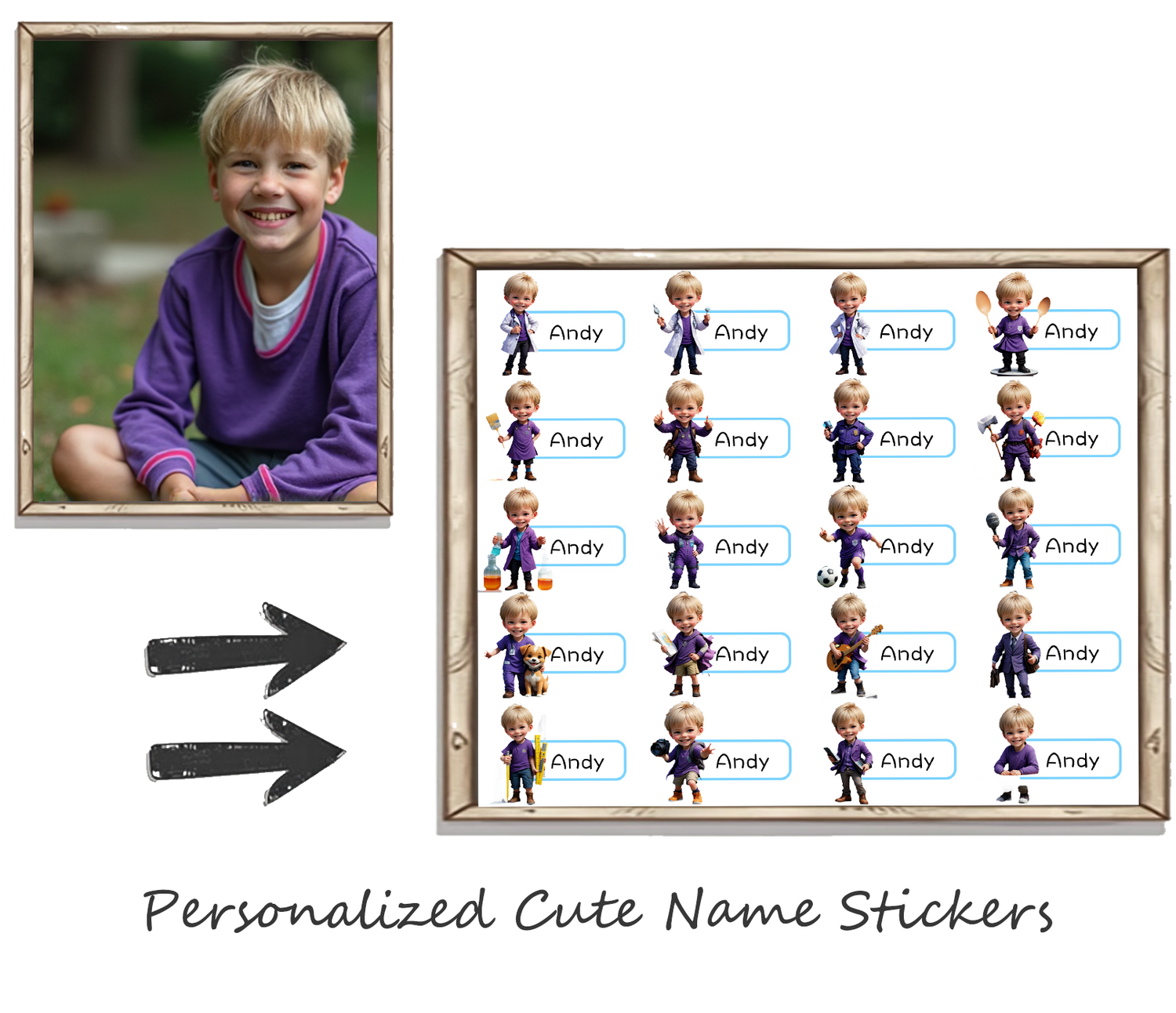 Child with a photo frame and personalized name stickers on a white background